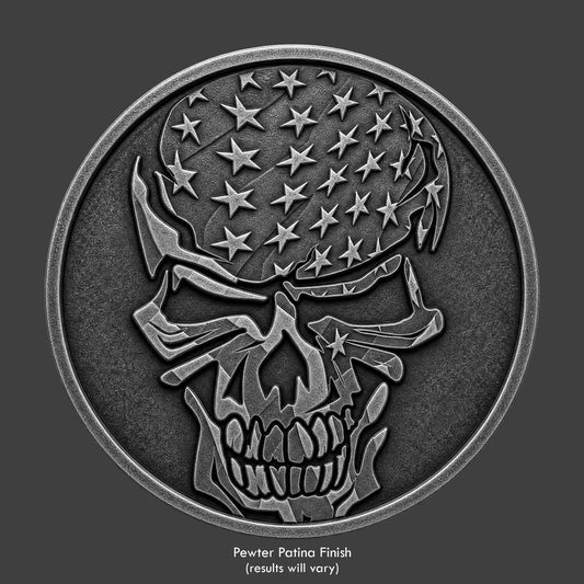 A pewter finished, resin sculpted coin of a of a skull shaped flag