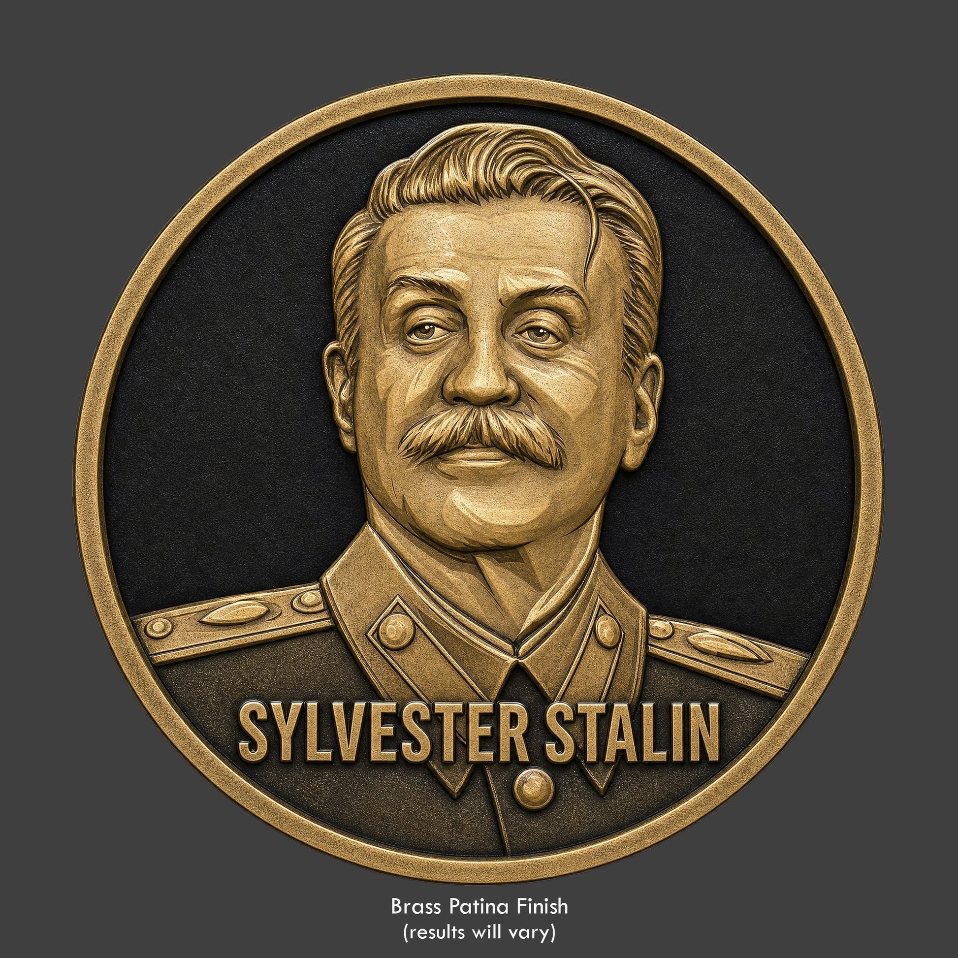 A brass finished, resin sculpted coin of Sylvester Stalone