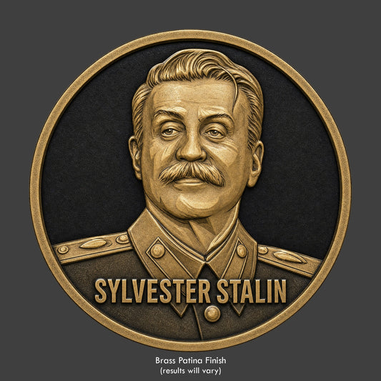 A brass finished, resin sculpted coin of Sylvester Stalone