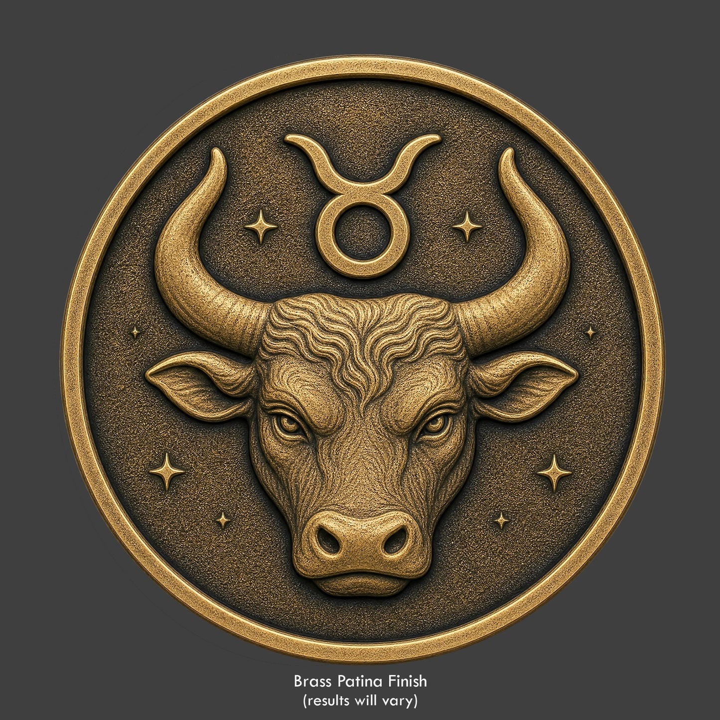 A Taurus Zodiac symbol on a brass patina coin