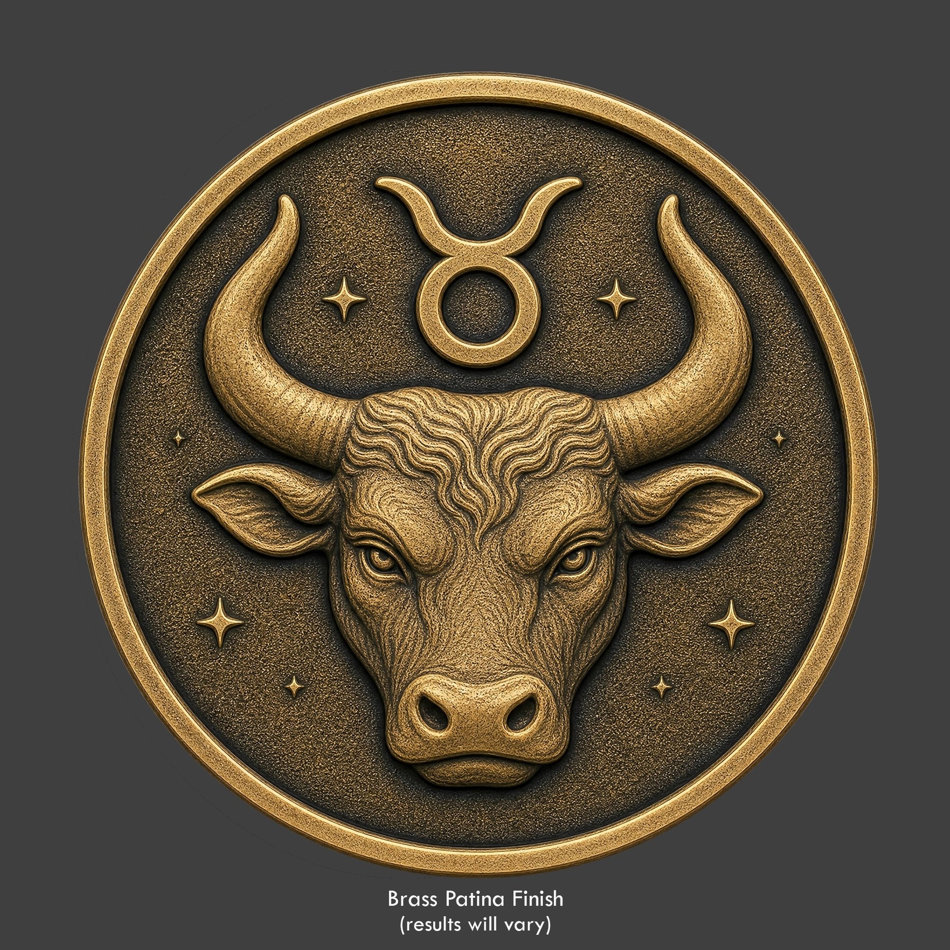 A Taurus Zodiac symbol on a brass patina coin