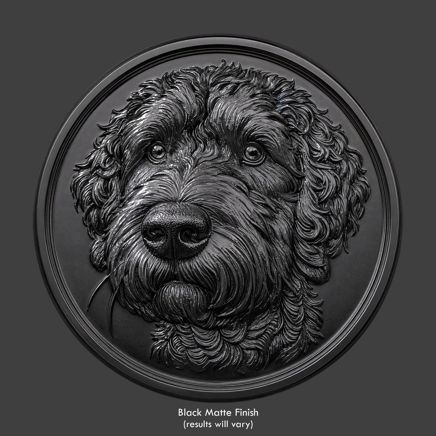 A goldendoodle dog bust on a coin