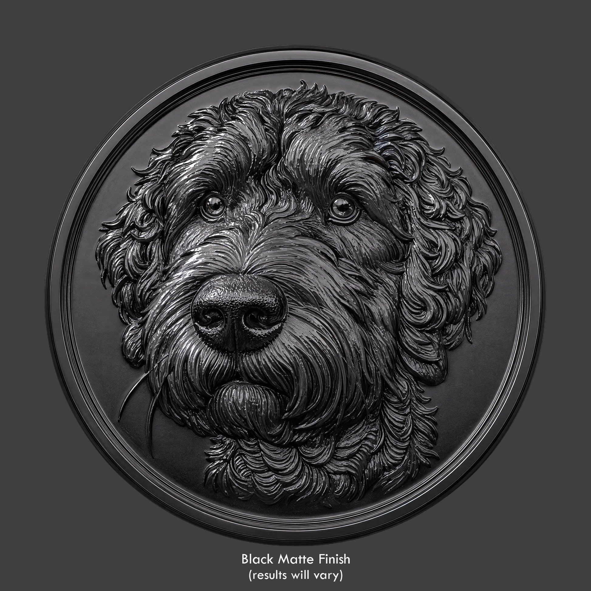 A goldendoodle dog bust on a coin