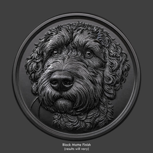 A goldendoodle dog bust on a coin