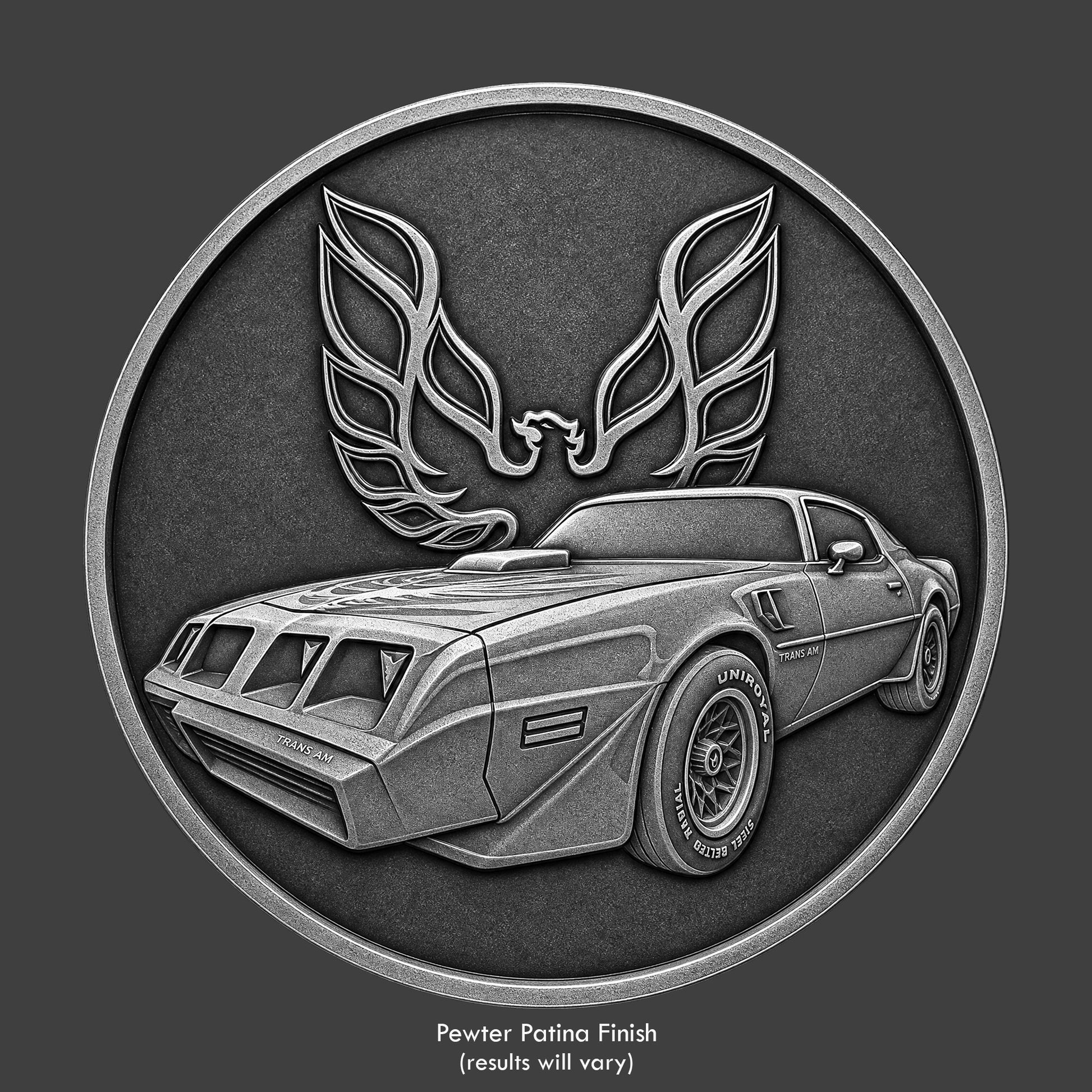 A pewter finished, resin sculpted coin of a Trans AM SE