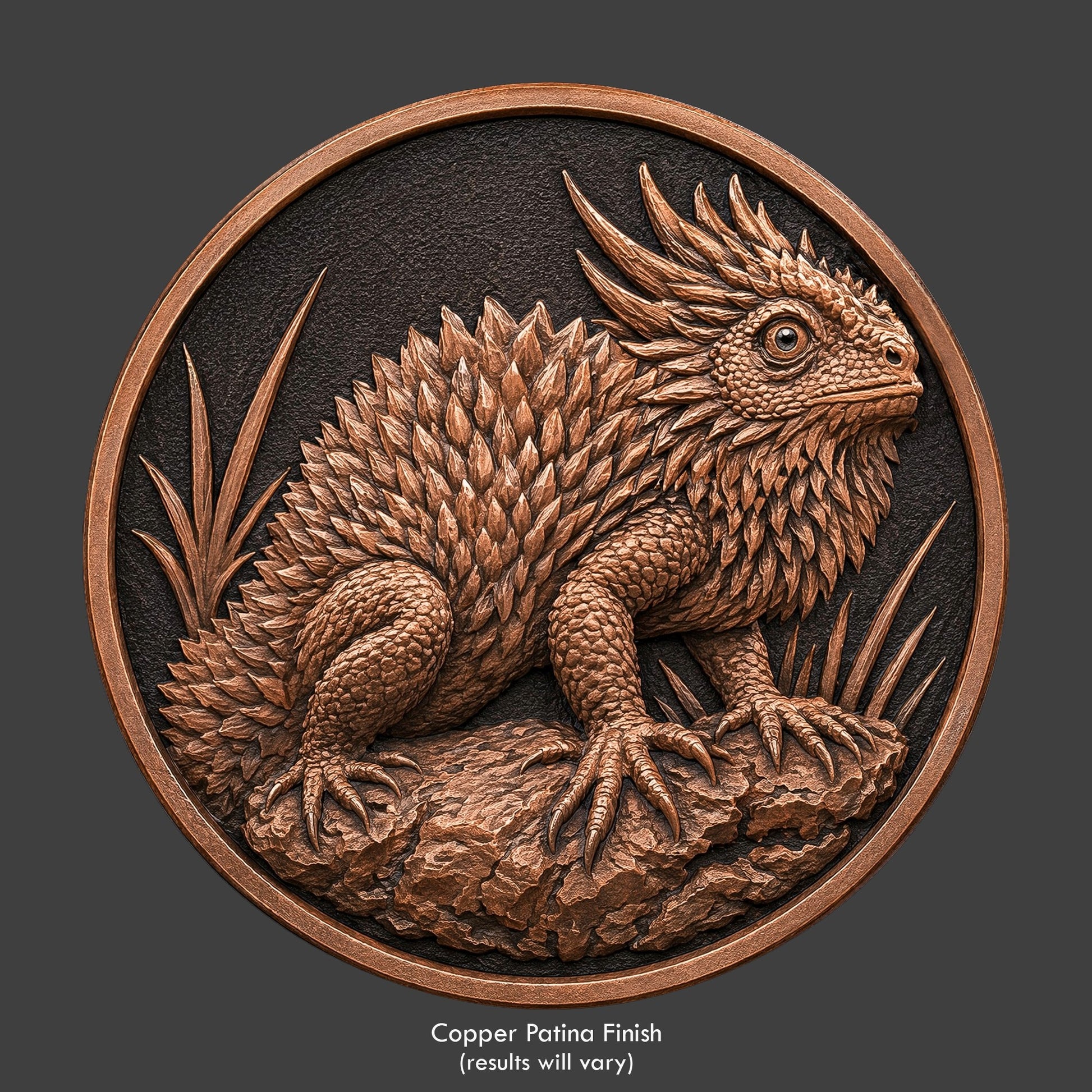 A copper finished, resin sculpted coin of a fictitious dinosaur