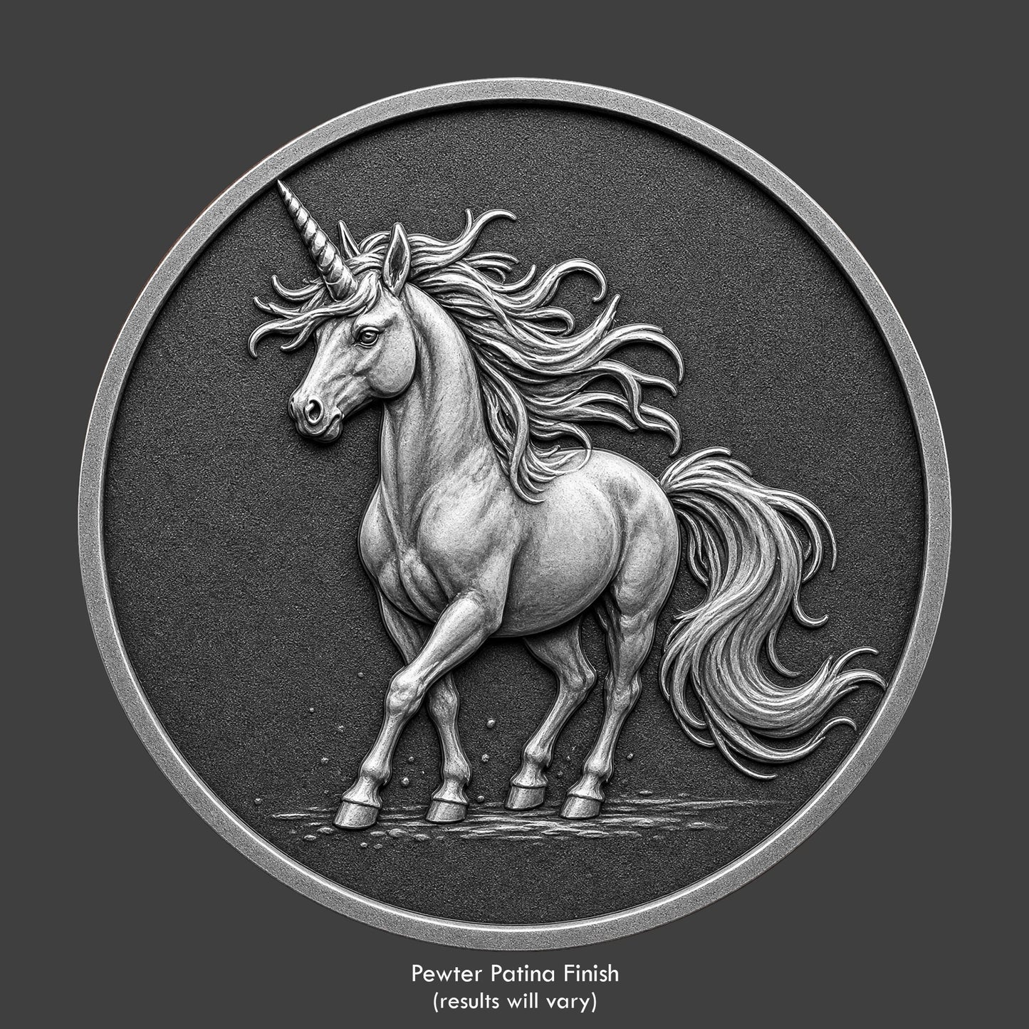 A pewter finished, resin sculpted coin of a Unicorn
