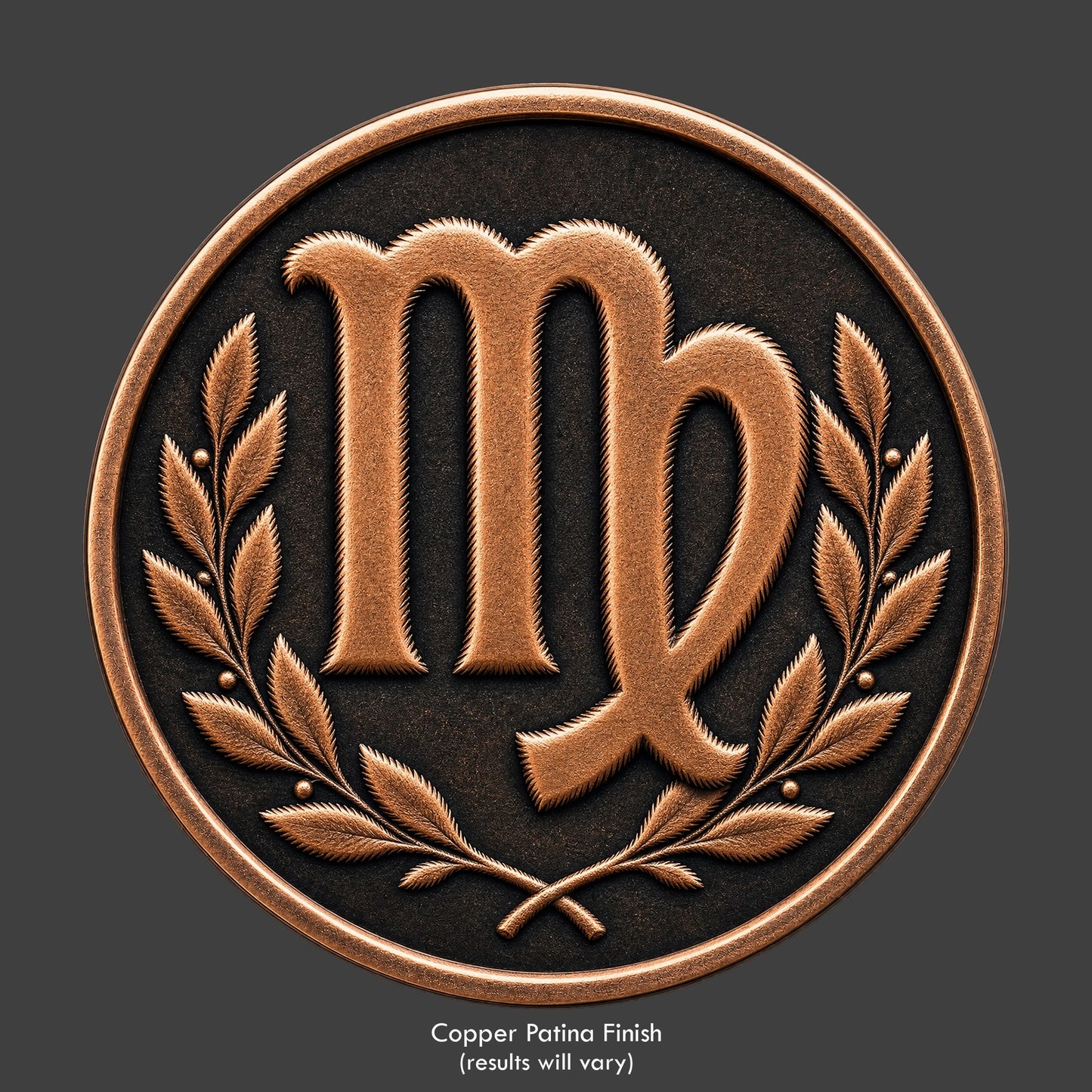 A Virgo Zodiac symbol on a copper patina coin