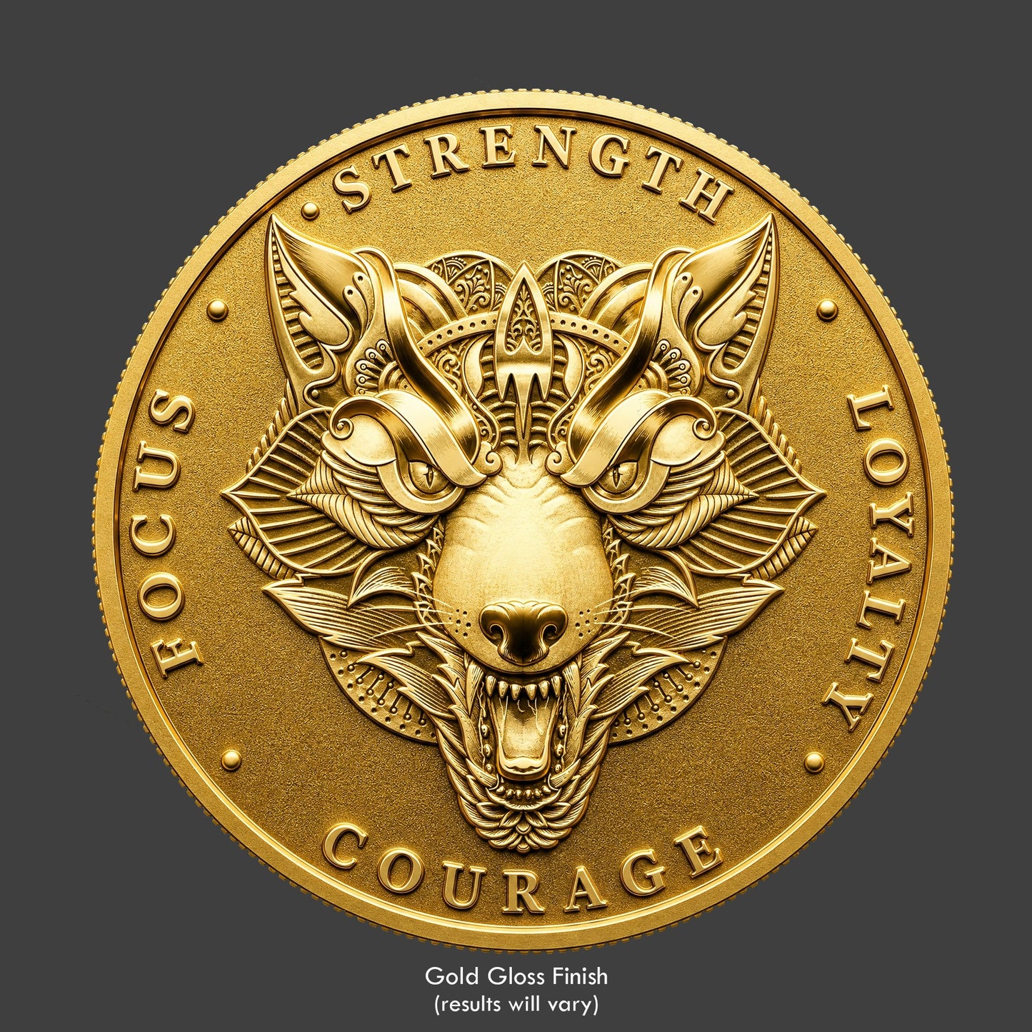 A gold finished, resin sculpted novelty coin of a wolf