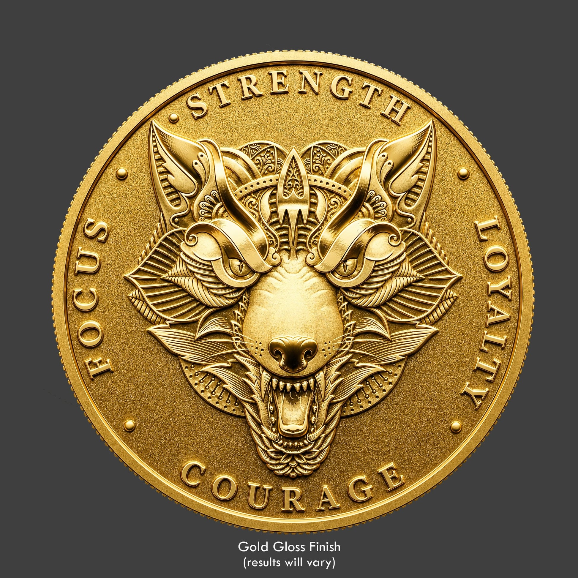 A gold finished, resin sculpted novelty coin of a wolf