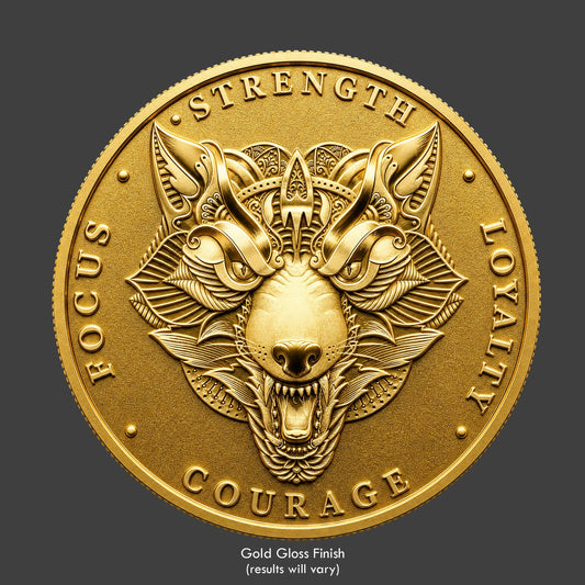 A gold finished, resin sculpted novelty coin of a wolf