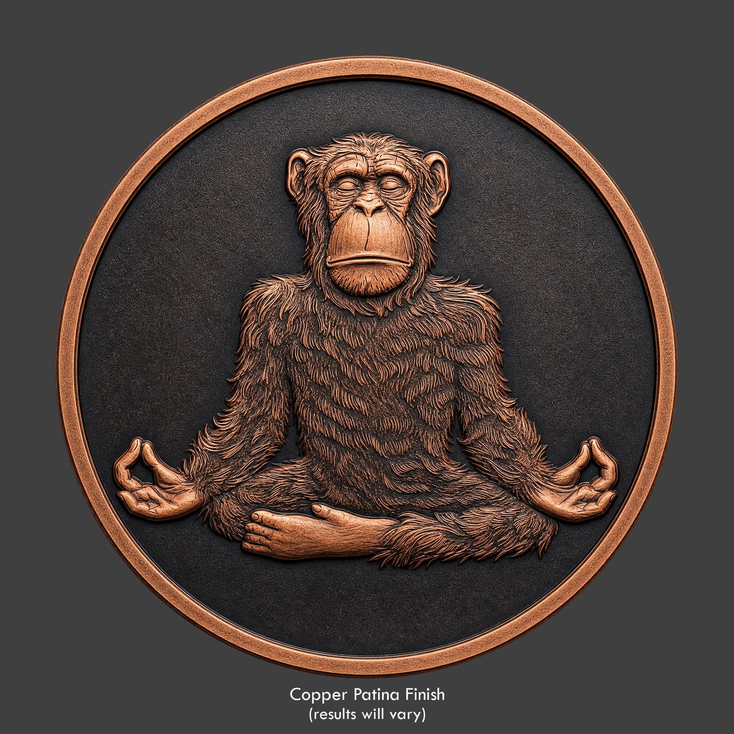 A chimp doing yoga on a copper coin