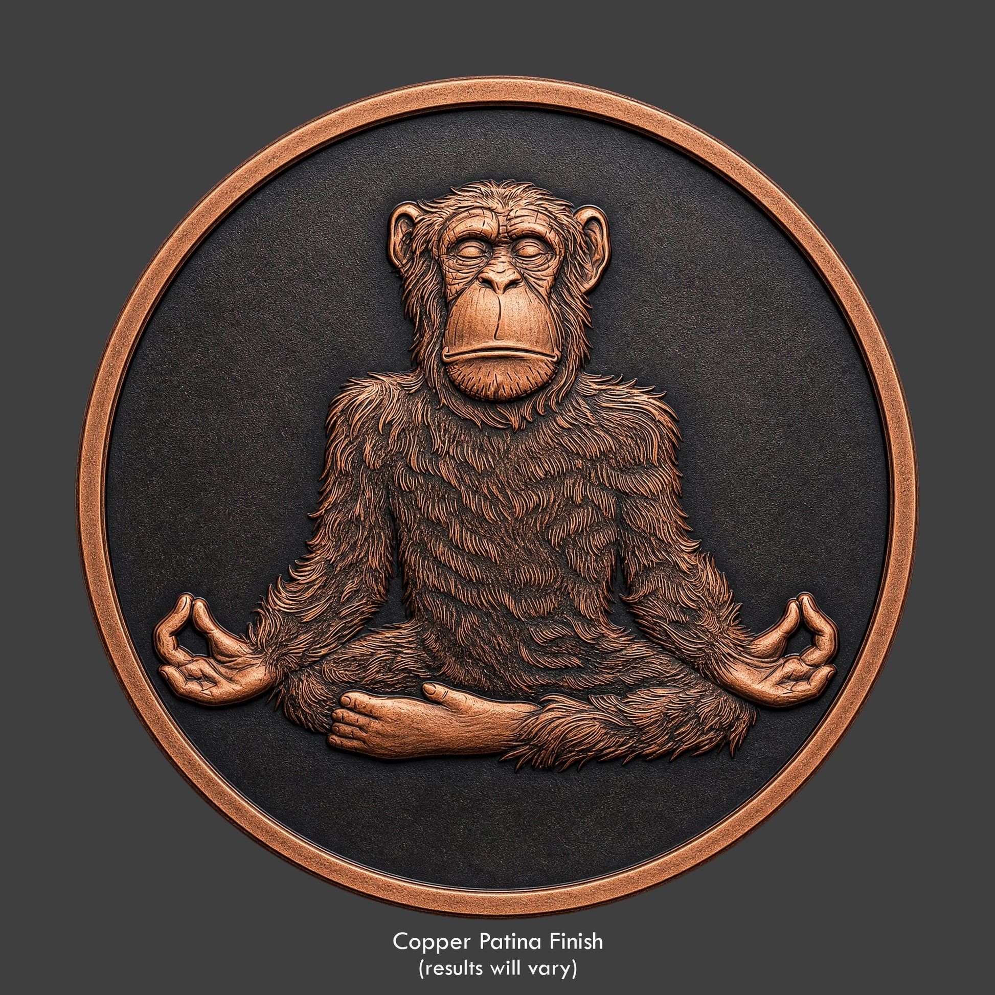 A chimp doing yoga on a copper coin