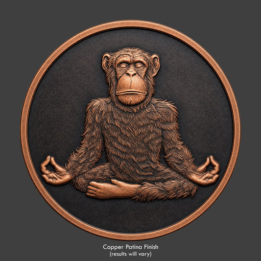 A chimp doing yoga on a copper coin